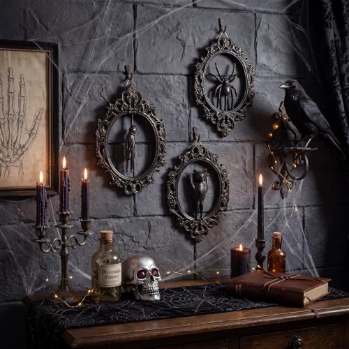 Gothic Halloween Wall Decor Set - Ornate Resin Oval Frames with Bat, Ghost & Spider Reliefs, 3 Pieces