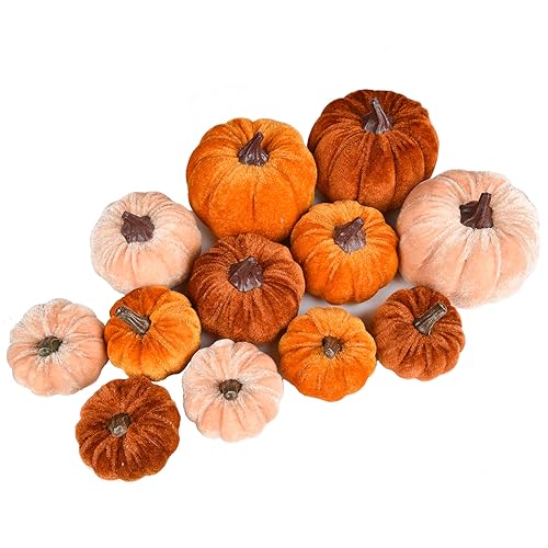 12pcs Velvet Pumpkin Set for Fall Halloween Thanksgiving Home Decor