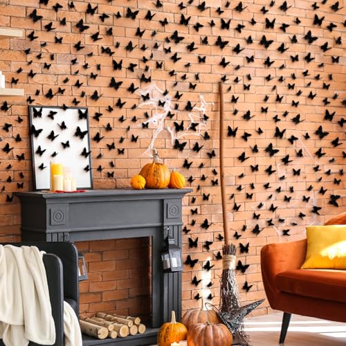 Halloween 3D Black Butterfly Wall Stickers Set - 300 Pieces, Multiple Sizes