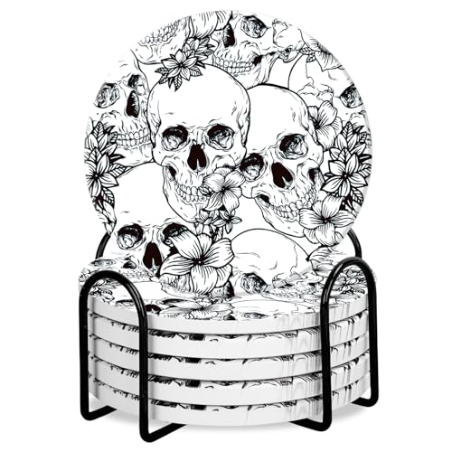 Halloween Ceramic Coasters Set with Iron Holder Skull & Floral Design