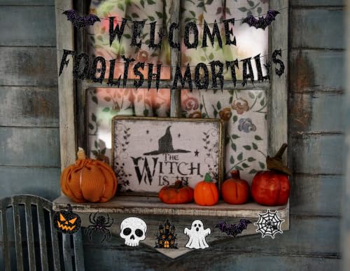 Halloween Party Banner Set - Welcome & Foolish Mortals Glitter Decorations