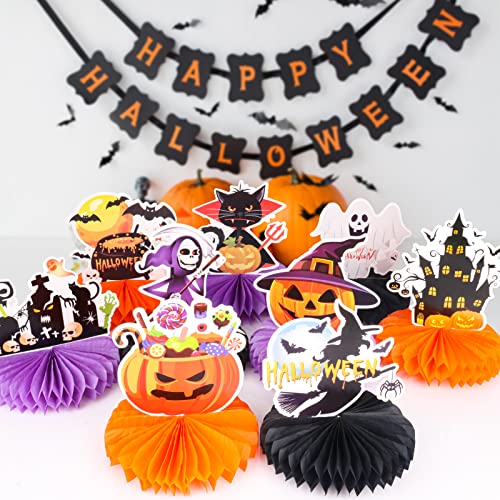 Halloween Table Centerpieces Set - 9 Honeycomb Decorations with Pumpkin Ghost Skull Cat Witch Variations