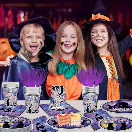 Halloween Birthday Party Supplies Set - Purple Paper Plates Napkins Cups Cutlery for Kids 24 People - Variation of Birthday
