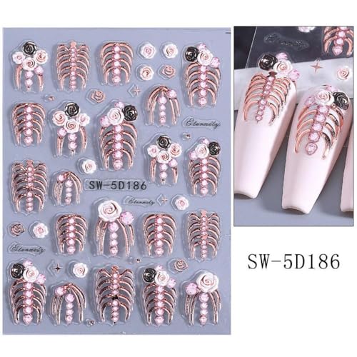 Halloween Skeleton Nail Stickers - White Hand & Rose Gold Bone Design - Variation 15