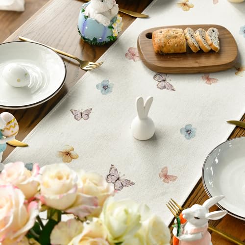 Easter Bunny Eggs Flowers Basket Table Runner 13x108 Inch Beige - Spring Kitchen Decor