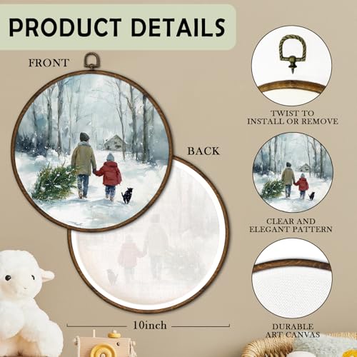 Winter Farmhouse Snow Scene Wall Art Decor - 10x10 Inch Round Canvas Frame - Kid Variation