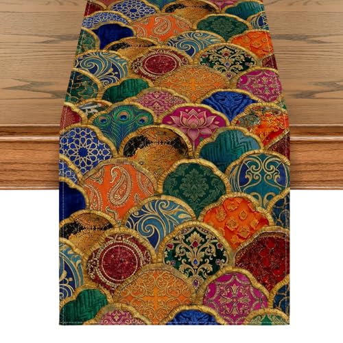 Wave Shape Peacock Feather Lotus Paisley Table Runner - 13x72 Inch Home Decor