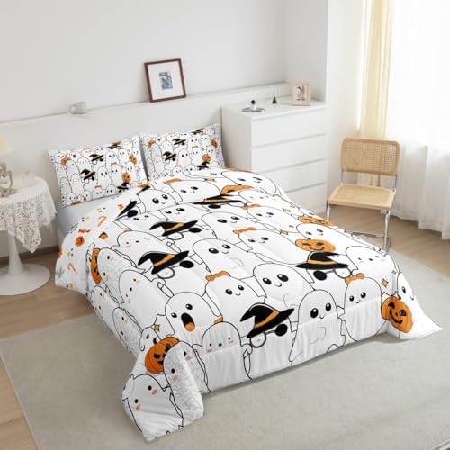 Halloween Cartoon Ghost Comforter Set Twin Black Orange White with Pumpkin Lantern & Witch Hat Variation of THIS listing