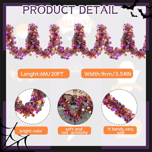 Halloween Tinsel Garland 20FT Black Purple Orange Metallic Decor for Parties