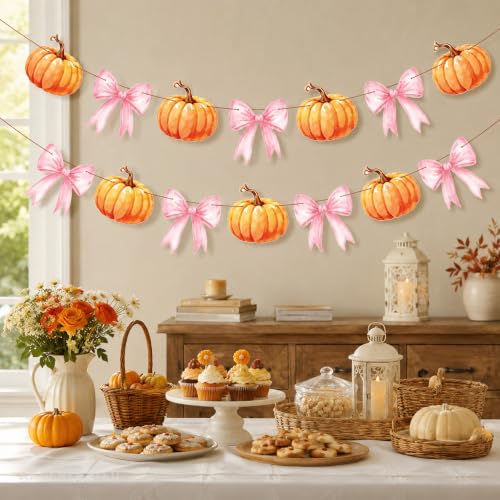 Autumn Pumpkin Banner with Pink Bows - Halloween & Fall Party Decor, 2 Pieces