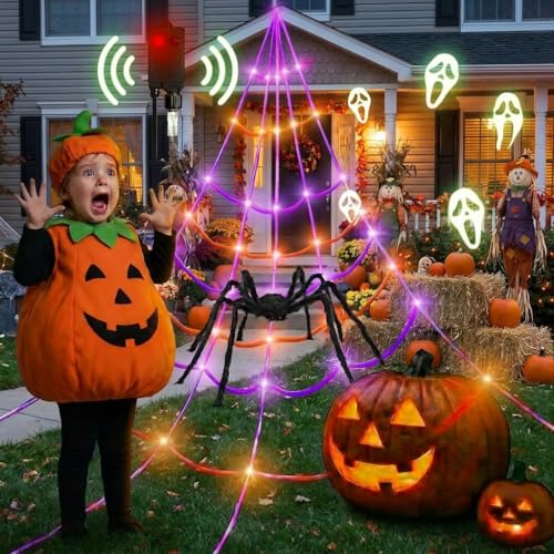 Giant 20x17 ft Halloween Spider Web with 5 ft Black Spider, Motion Sensor Lights