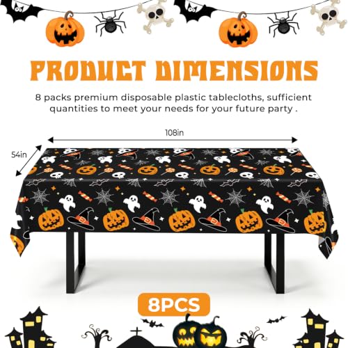 Halloween Pumpkin Ghost Plastic Tablecloth Set - Rectangle, 54x108 Inches, 8 Pack