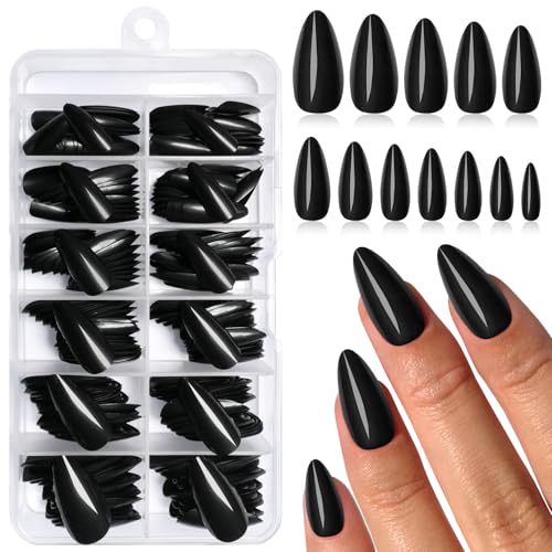 Lifextol Black Almond Press On Nails Medium Length - 240pcs Fake Nails with Glue & Tabs