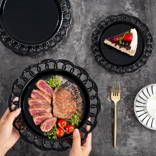 Black Plastic Plates Set 60pcs Baroque Lace Rim Disposable Dinner & Dessert Plates