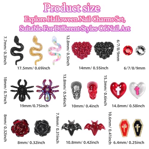 120 Pcs Halloween Nail Charms Set - 3D Resin Ghost Bat Spiders Coffins Decorations