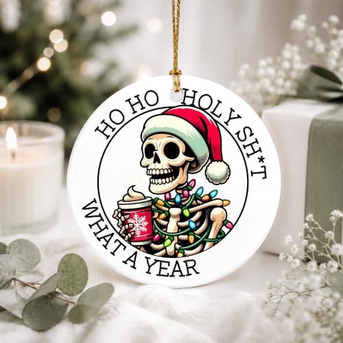 Funny Skeleton Christmas Ornament - Santa Skull Lights Keepsake - Dark Humor Holiday Decor