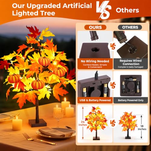 24-Inch Fall Maple Tree Lights Set with Pumpkin Ornaments - Battery & USB Powered Decor