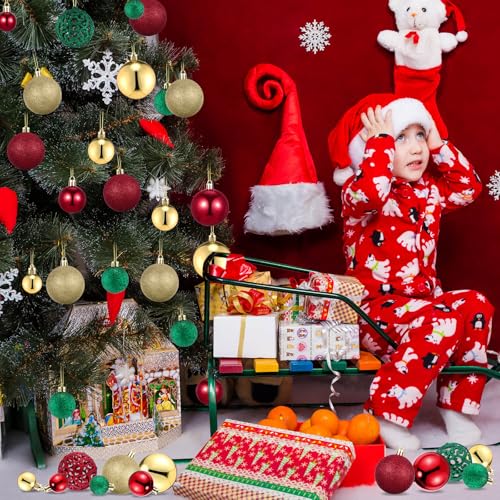 Christmas Ball Ornaments Set - 100 Assorted Gold Red Green Baubles with 3 Sizes & Styles