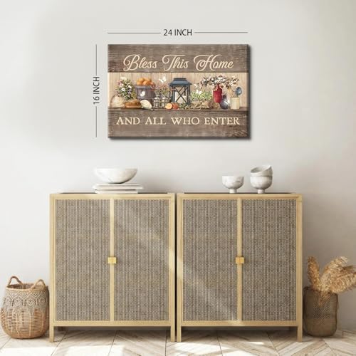Bless This Home Farmhouse Wall Art Sign - Rustic Kitchen Decor 16x24 Inches