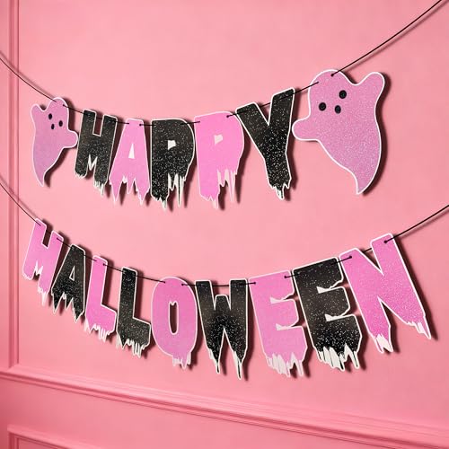 Halloween Pink Black Banners & 3D Bat Stickers Set for Indoor Wall Decor - Halloween Party Decorations - Variation of THIS listing