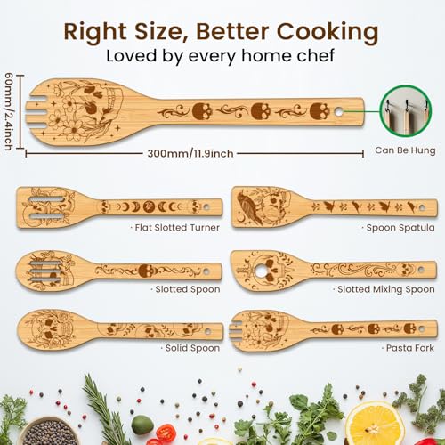 Skull Crow Wooden Kitchen Utensil Set - 6 Pcs Bamboo Cooking Tools with Unique Carved Patterns