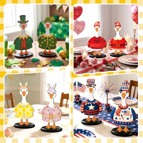 Wooden Goose Figurine Set with 60 Interchangeable Outfits - Festive Desktop Decor