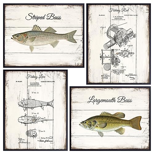 Vintage Fish Patent Prints - 11x14 Rustic Wall Art for Man Cave, Fishing Gift Set of 4
