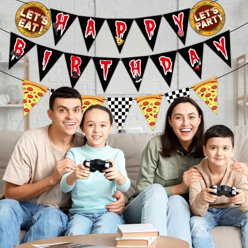 Horror Game Birthday Banner Set - Spooky Checkered Pizza Theme Party Flags