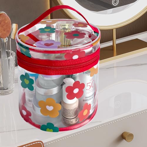 TotePrint Printed Flowers Clear Cylinder Travel Makeup Bag,Portable Waterproof Pouch with Handle Ideal for Women and Girl (Multi Flowers)