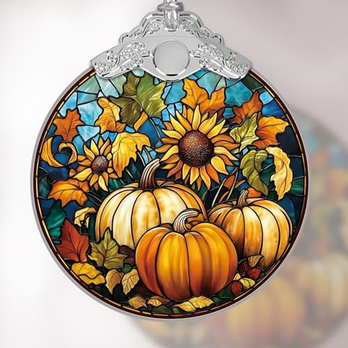 Pumpkin Sunflower Stained Glass Style Christmas Ornament - Fall Harvest Decoration - Indoor Outdoor Holiday Decor - 3.1 x 3.5 Inches