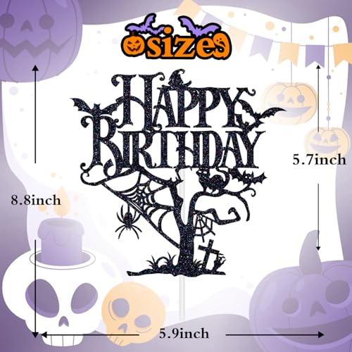 Halloween Birthday Cake Topper - Black Glitter Haunted House Decor, Spooky Party Supplies