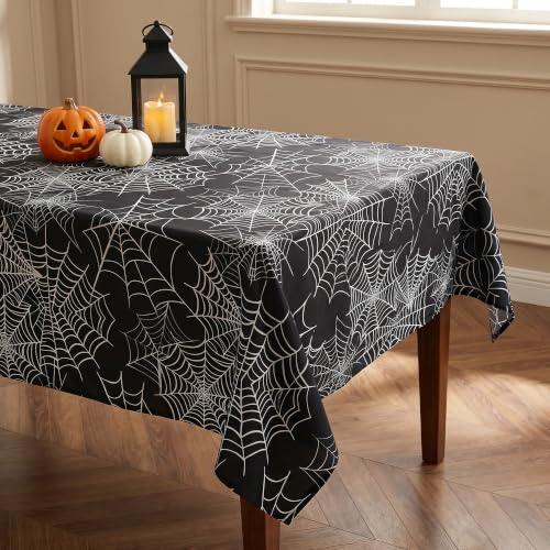 Halloween Spider Web Waterproof Tablecloth - Black Gothic Dining Cover, 144x60 Inches, Variation of Spiderweb