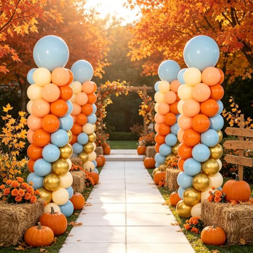 Fall Balloon Column Kits 2 Sets - Blue, Orange, Gold, Beige Thanksgiving Decorations with Stand & Accessories