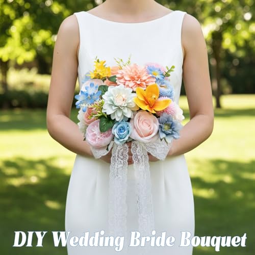Artificial Flowers Combo - Pink, Blue, Yellow Silk Roses & Dahlias for DIY Bouquets & Decor