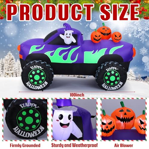 8 ft Halloween Inflatable Monster Truck with Pumpkins - Outdoor Yard Decor