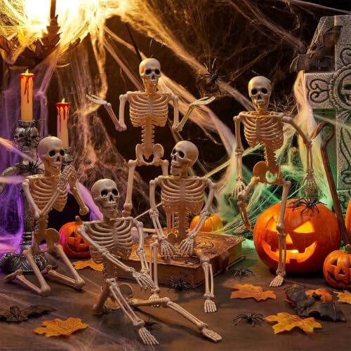Full Body Halloween Skeleton Decorations - Movable Joints, Hanging or Standing, 16 Inch, Indoor & Outdoor Use