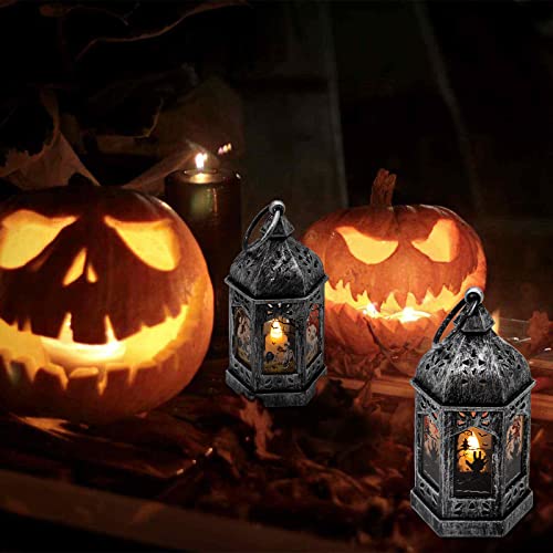 Silver-Hween 8-Pack Mini Lanterns with Halloween Pattern Glass & Flickering LED Candles