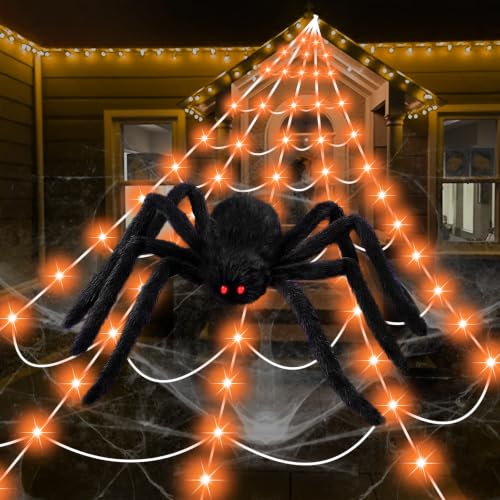 Orange Halloween Spider Web with 250 LED Lights & 59-Inch Giant Spider