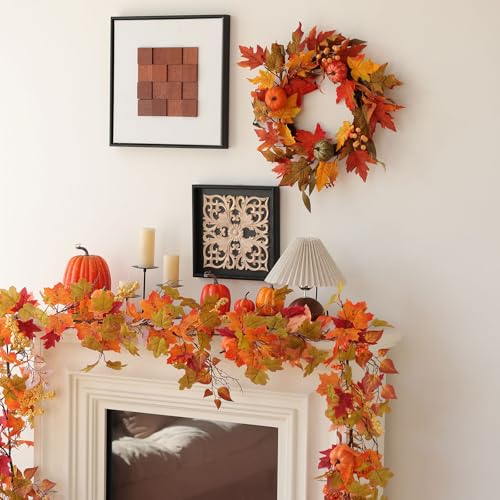 Fall Wreath for Front Door - 19 Inch Yellow Autumn Pumpkin Maple Leaves