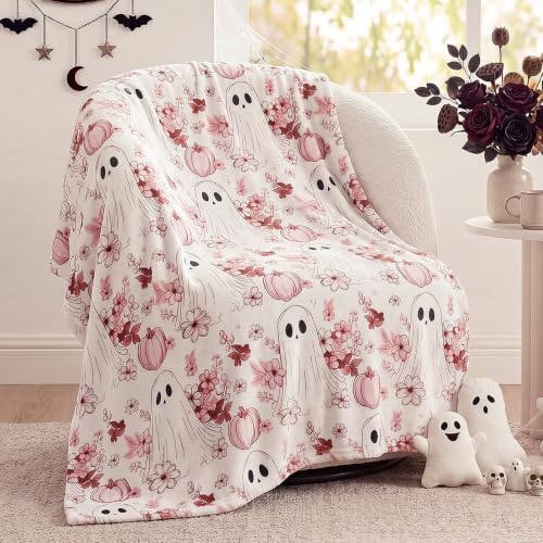 Pink Pumpkin Ghost Fall Throw Blanket - Halloween Soft Flannel 50x60 inches - Spooky Pumpkin Variation