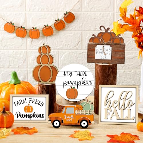 Fall Tiered Tray Decoration Set - Autumn Decor, Warm Style, 14 Pieces