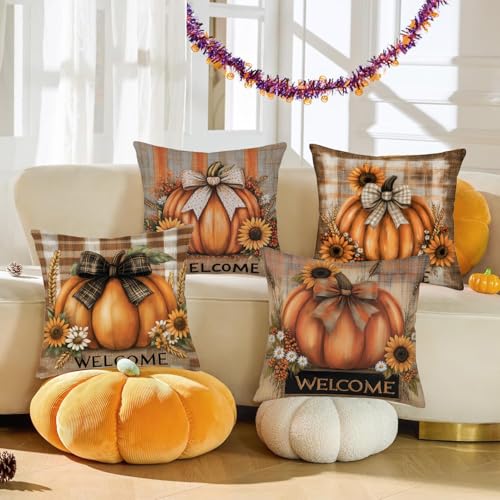 Fall Pumpkin Sunflower Throw Pillow Covers 18x18 Inch - Set of 4 - Orange Autumn Decor Variation M4welcomepumpkin