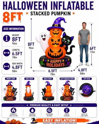 8 FT Inflatable Halloween Pumpkin Scene with Ghost Black Cat LED Lights
