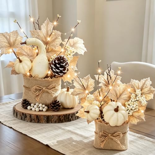 Fall Table Centerpieces with LED Timer - 2 Pack Autumn Decor with Maple Trees, Pumpkins & Berries