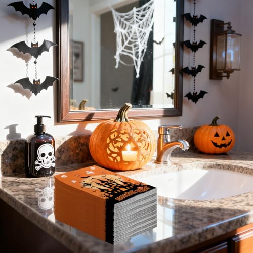 Orange Halloween Guest Paper Napkins 100 Pcs - 2-Ply Disposable Party Towels