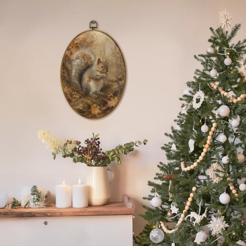 Fall Forest Squirrel Canvas Wall Art - Oval Framed Decor 11x8.5 Inch - Variation: Squirrel