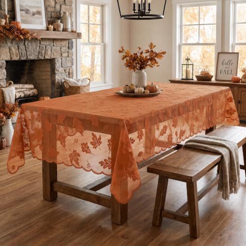 Horaldaily Caramel Fall Lace Tablecloth 60×104 Inch Rectangular Maple Leaf Design