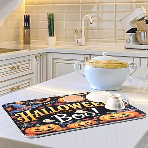 Halloween Ghosts Boo Dish Drying Mat 16x18in for Kitchen Countertop - Witch Pumpkin Bat Reusable Microfiber