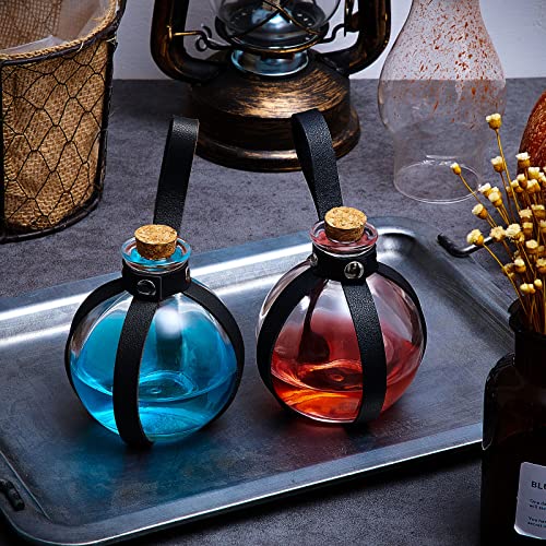 Halloween Glass Potion Bottles with Cork and Leather Belt Set - Witch Costume Accessories