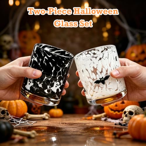 Halloween Glass Cup Set - Ghost & Bat 16 oz Old-Fashioned Drinking Cups for Parties